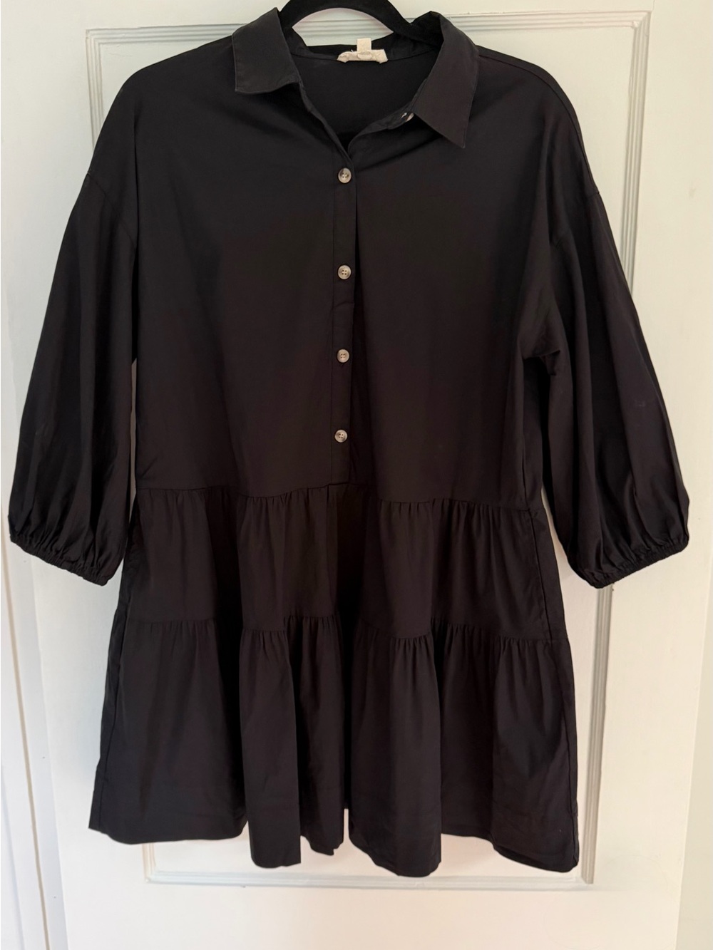 Elan Black Tiered Button-Front Mini Shirt Dress